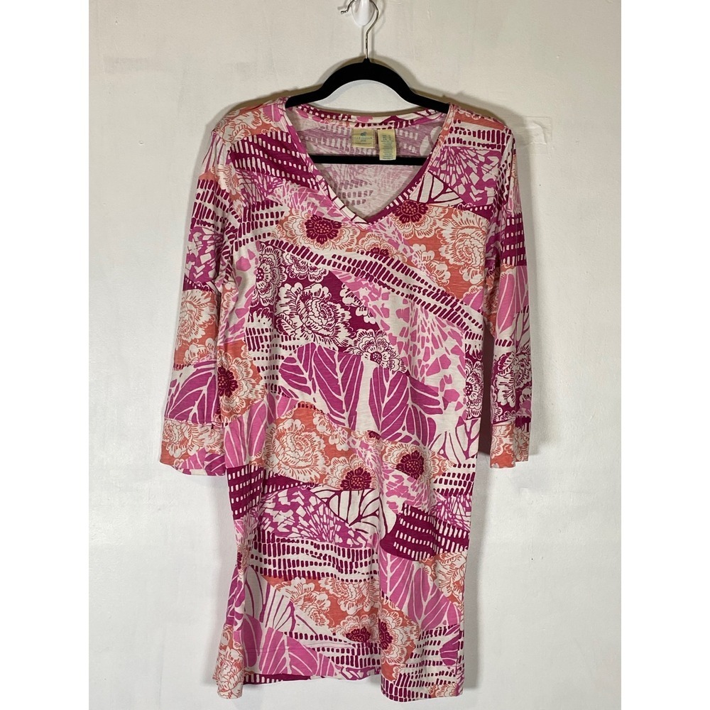 Caribbean Joe Pink Floral Tropical Beach Cover Up Tunic Dress Large